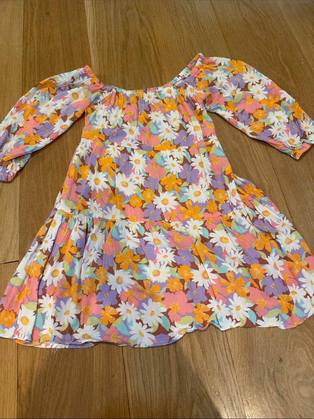 Girls Floral Tiered Dress in White, Pink, Orange & Purple